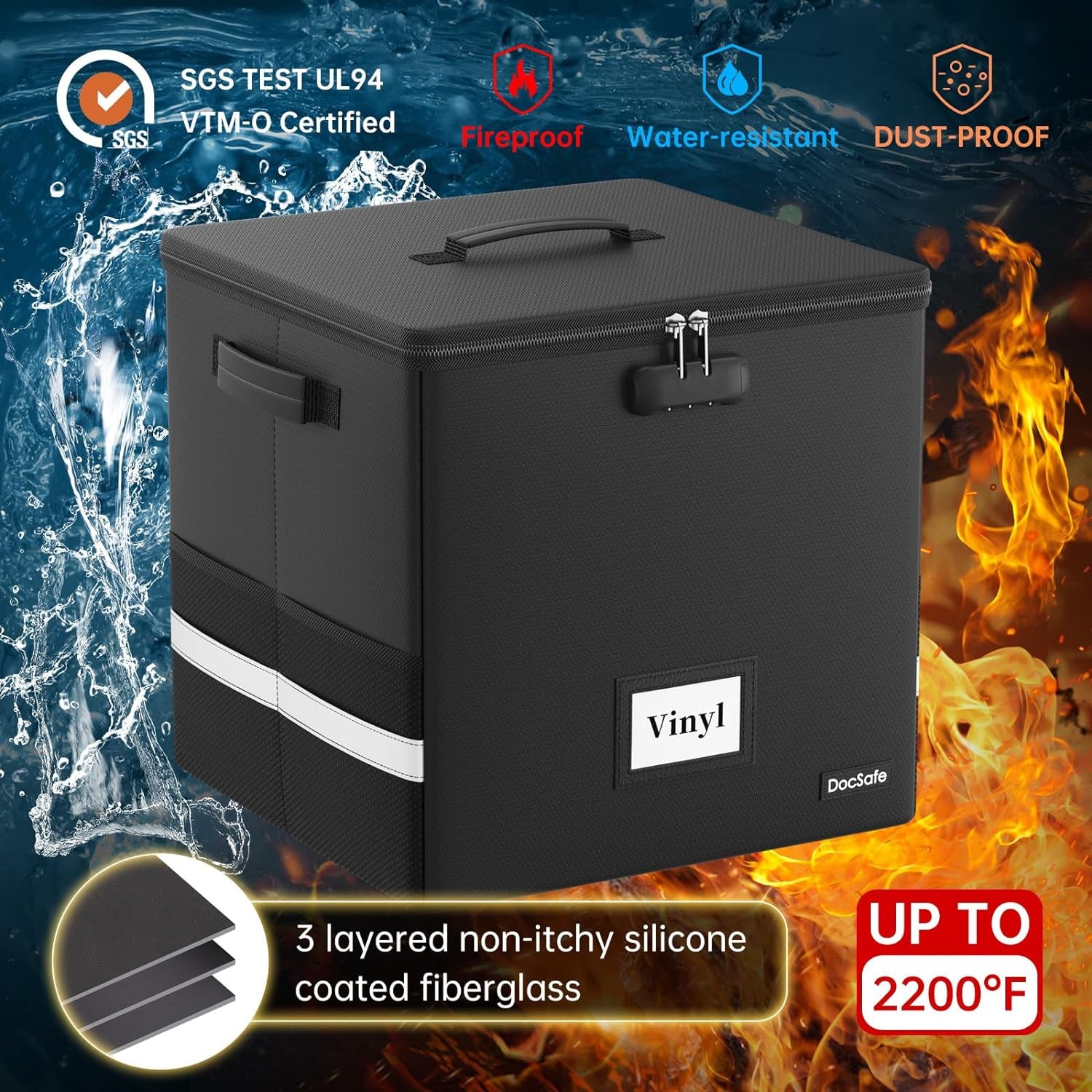 Vinyl Record Storage Box-Lock, Fireproof, Water-Resistant Organizer-100+12-Inch Singles, Collapsible Crate, Lid, Handles 
