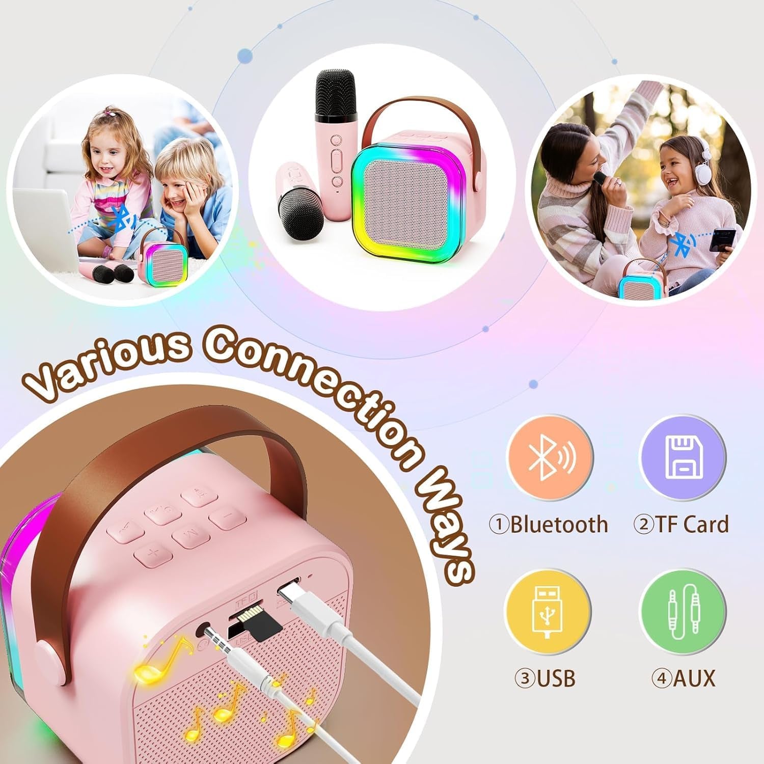 Mini Portable Karaoke Machine- Dual Wireless Microphones and LED Lights, for Ages 4+