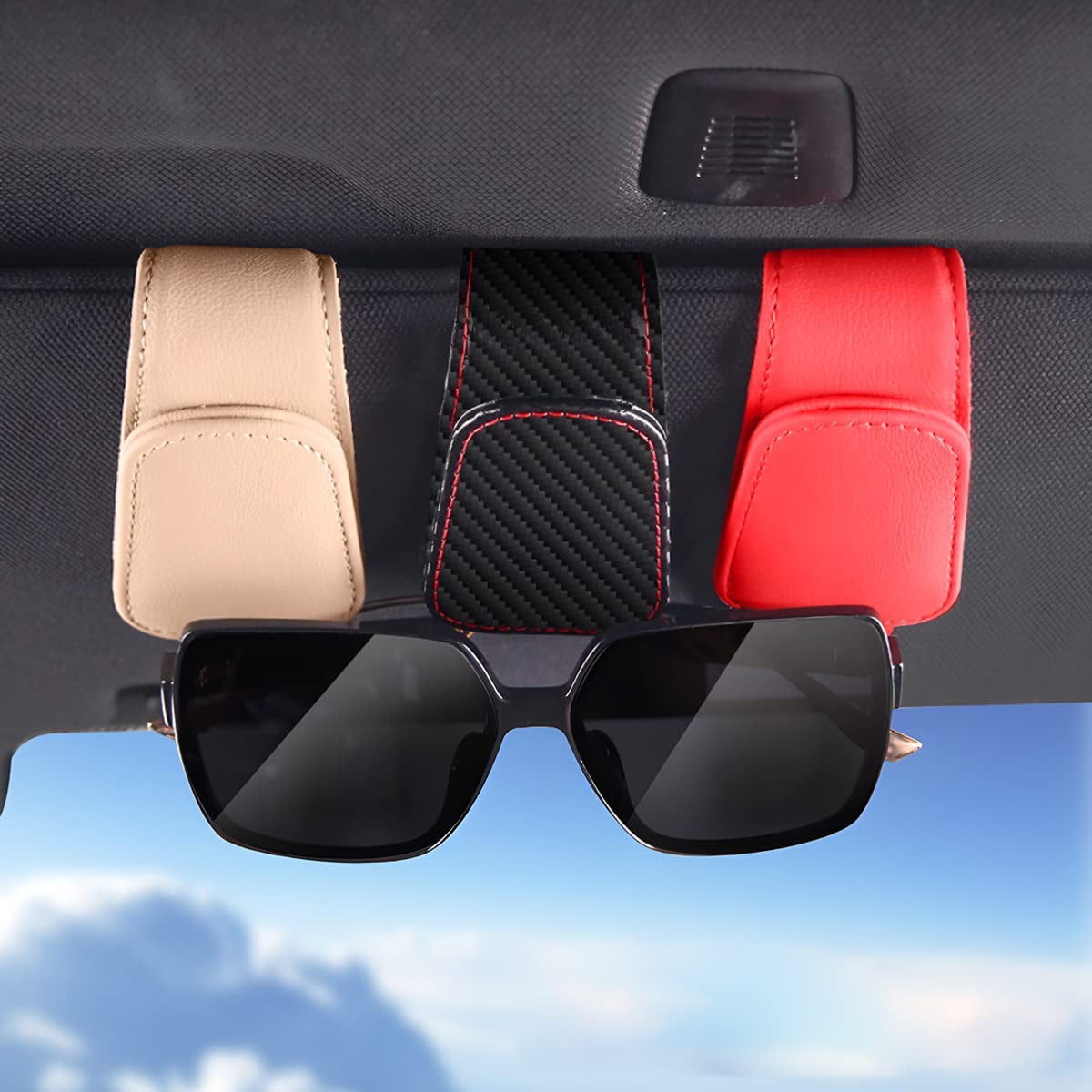 Car Sun Visor Sunglasses Holder, Leather Eyeglasses Hanger with Magnetic Clip - Universal Auto Interior Accessory 