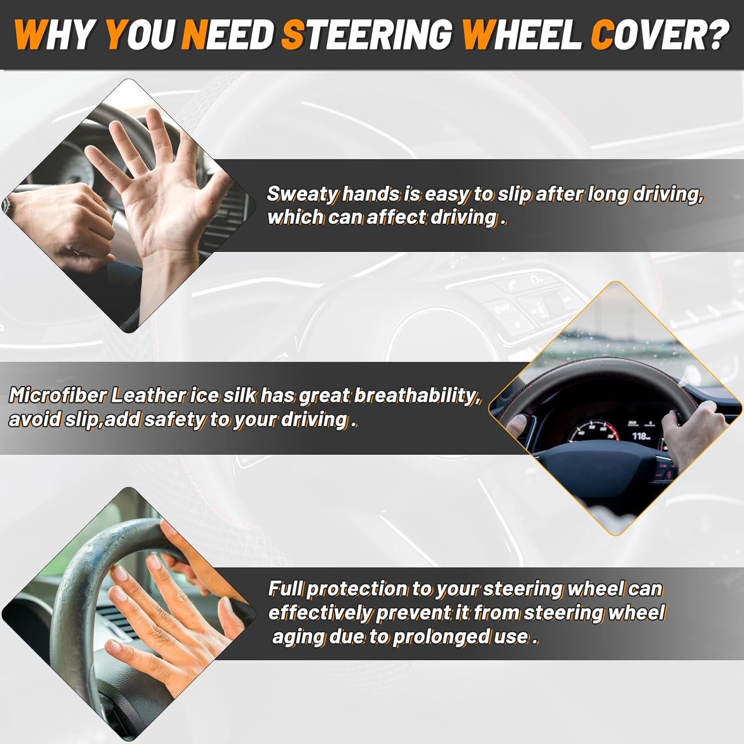 Universal 15-Inch Microfiber Leather Steering Wheel Cover - Breathable, Anti-Slip, Temperature Regulating (Black)