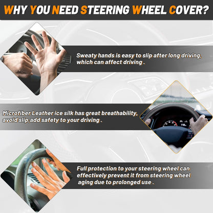 Universal 15-Inch Microfiber Leather Steering Wheel Cover - Breathable, Anti-Slip, Temperature Regulating (Black)