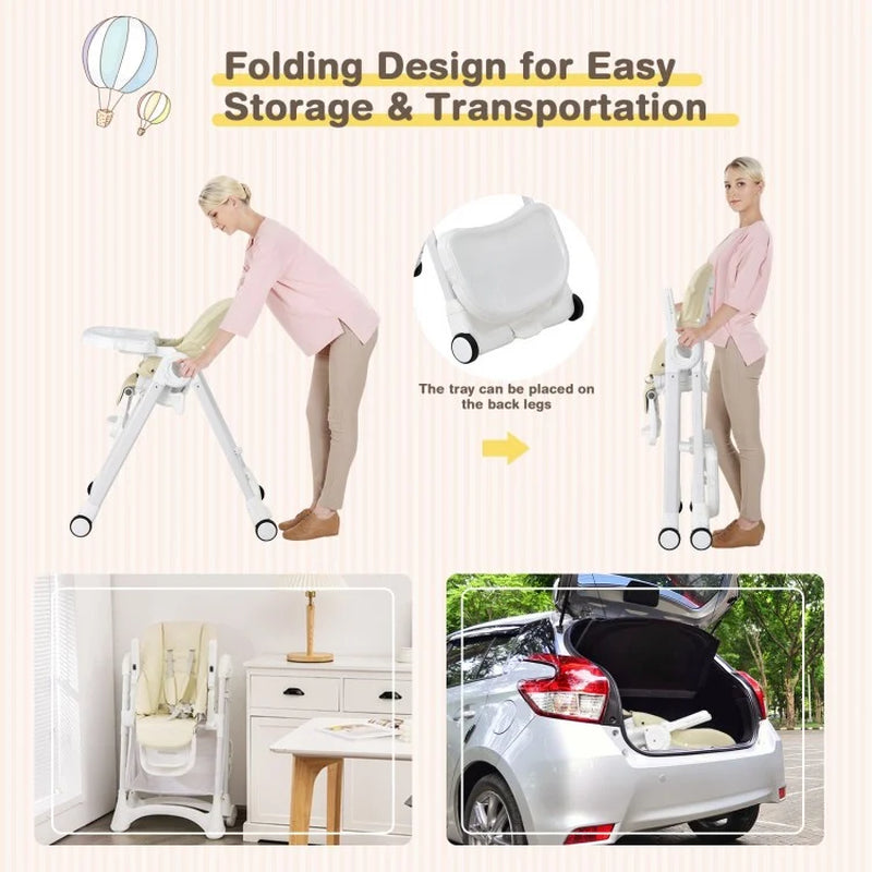 Folding Baby Chair with Wheel Tray and Storage Basket