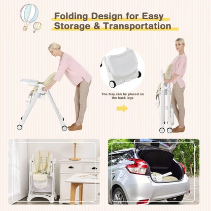 Folding Baby Chair with Wheel Tray and Storage Basket