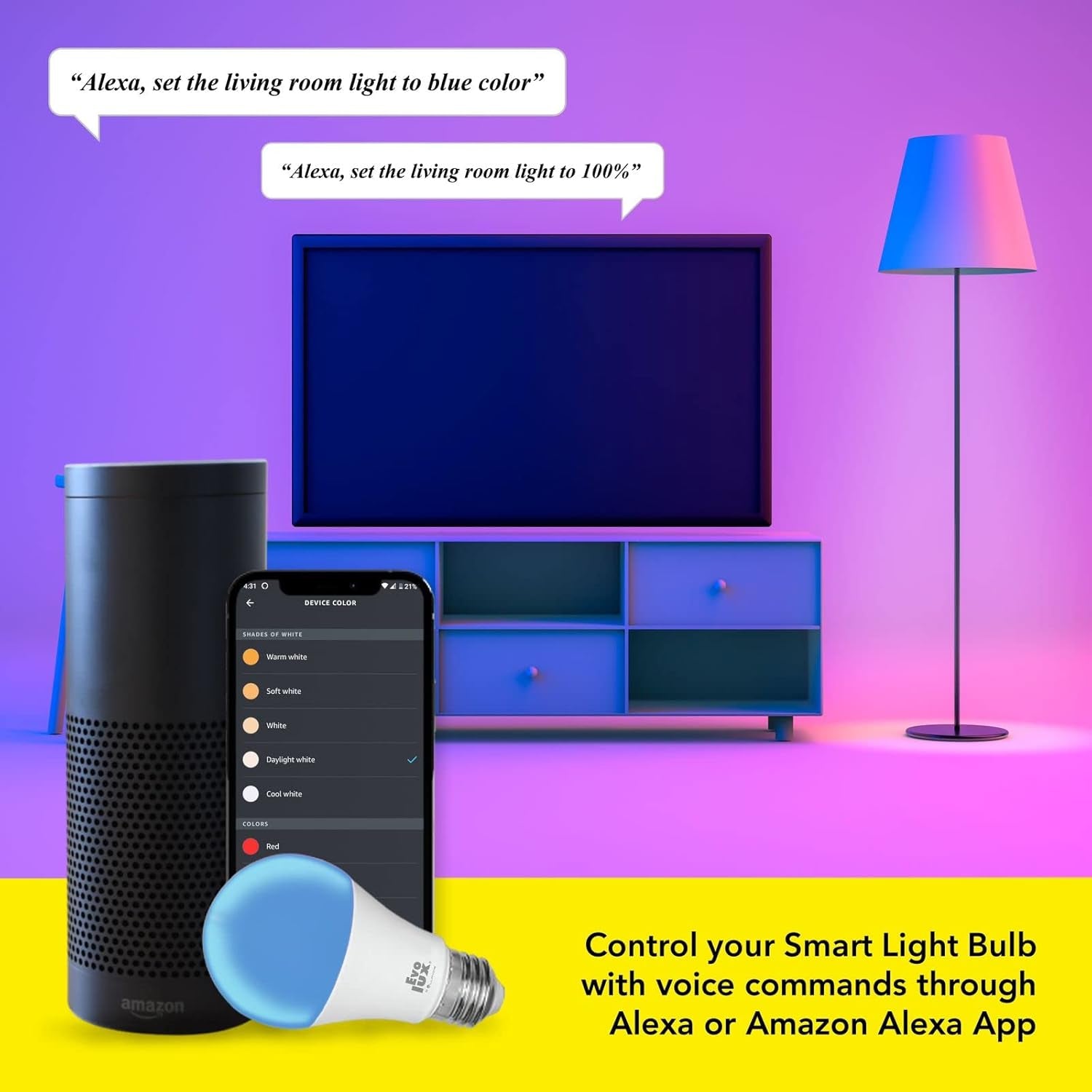 Dimmable Smart LED Light Bulb with WiFi Compatibility for Alexa - 806 Lumens, Energy Efficient, No Hub Required, Multicolor and Adjustable White Light (1)