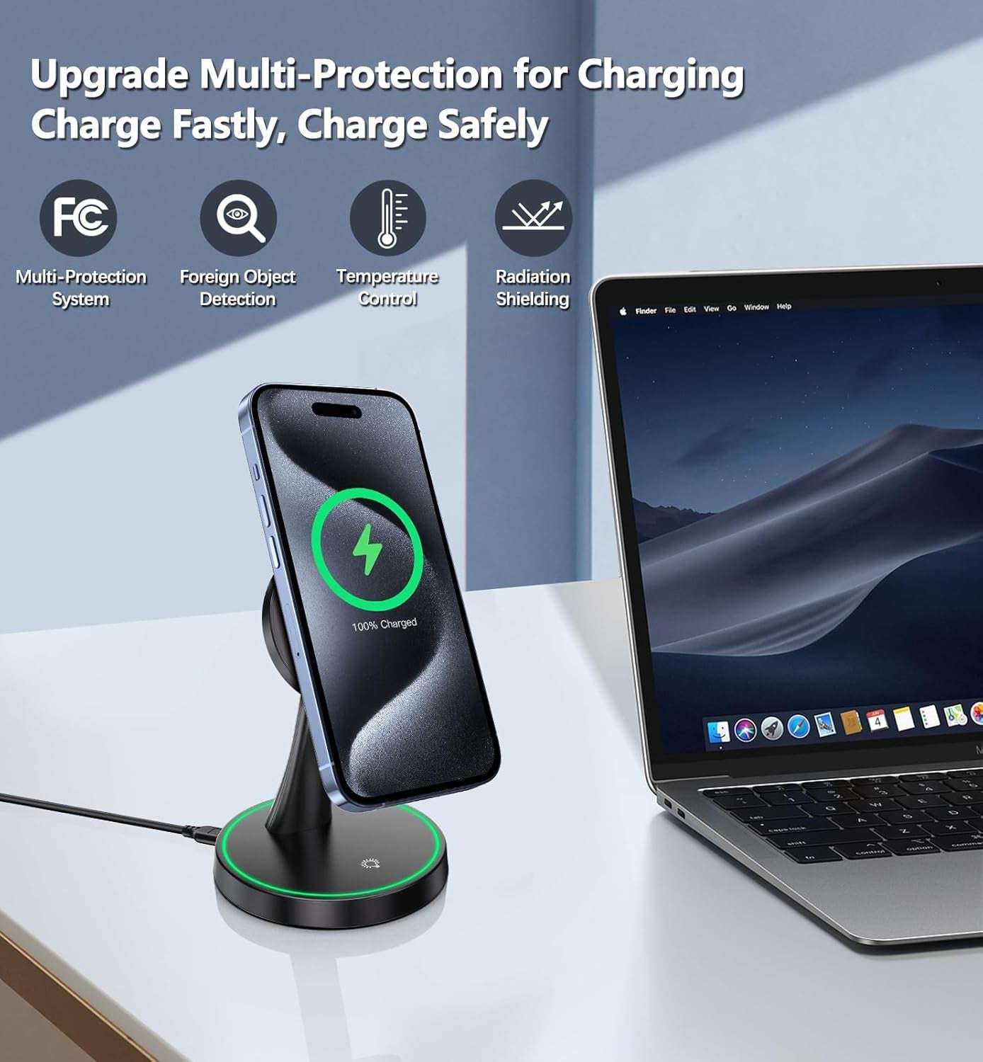 15W Fast Magnetic Wireless Charger Stand for iPhone with Sleep-Friendly Light for AirPods 3/Pro/2