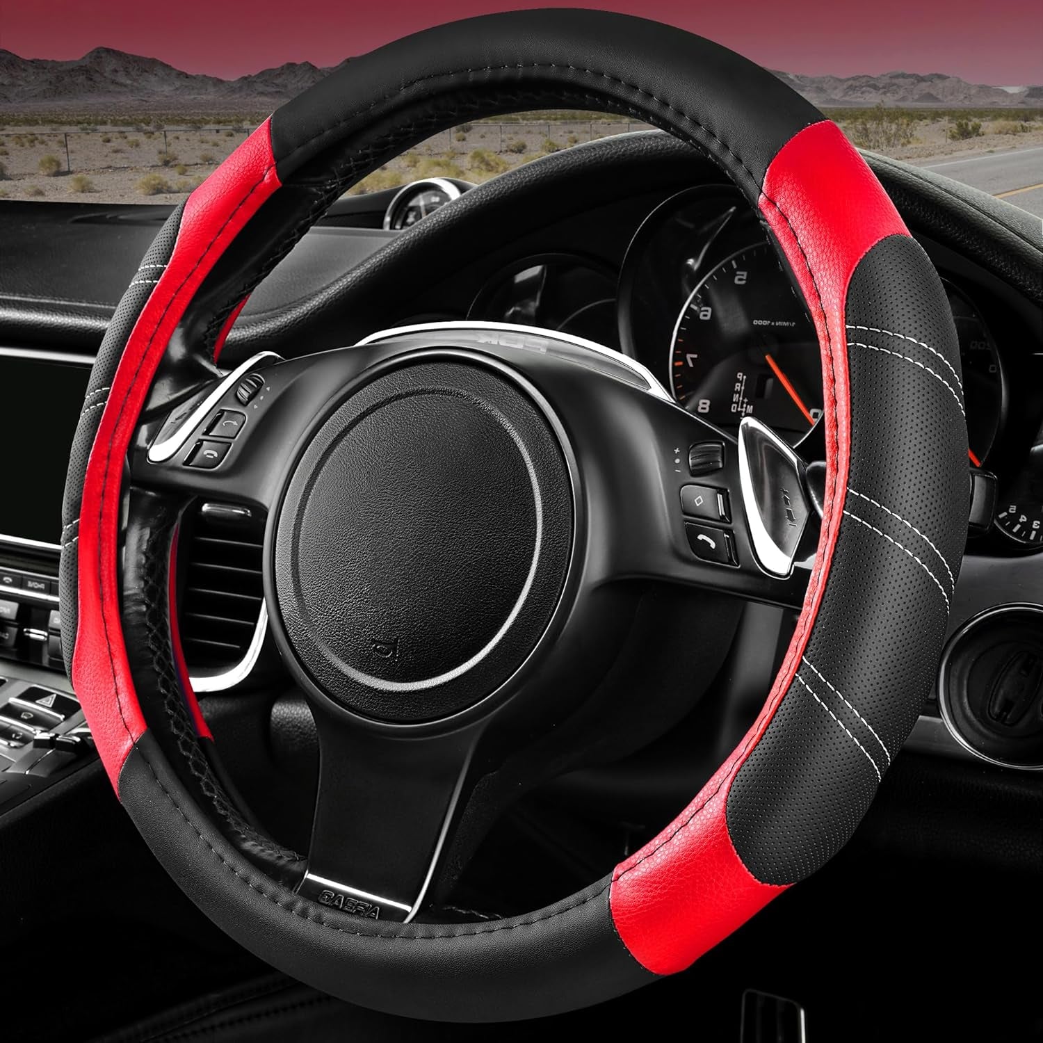 Line Rider Microfiber Leather Sport Steering Wheel Cover - Universal Fit (14.5-15 Inches) - Anti-Slip, Comfortable