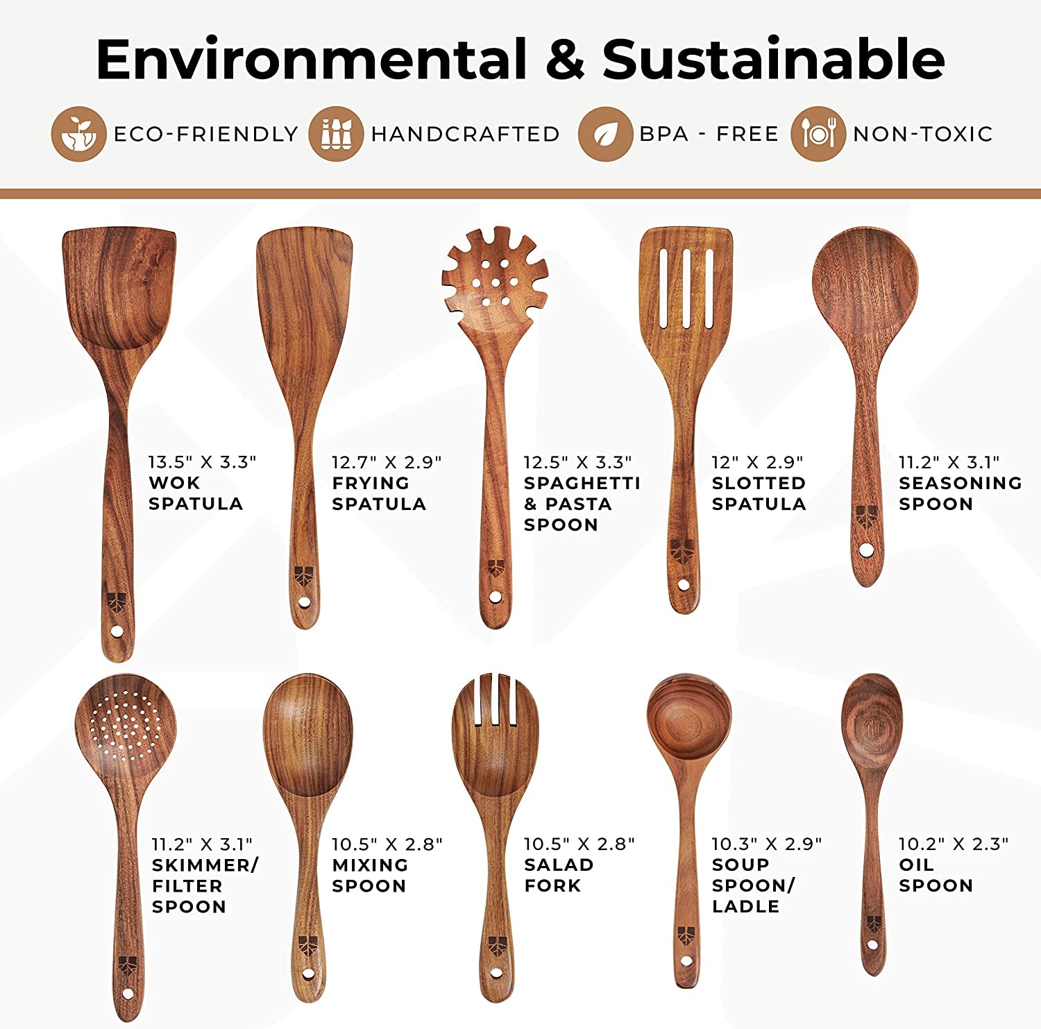 Professional Wooden Cooking Utensil Set - 10-Piece Teak Wood Kitchen Tools for Nonstick Cookware, Lightweight and Heat Resistant