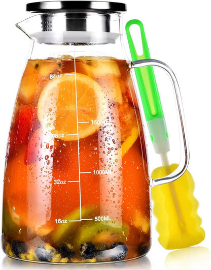 2L Borosilicate Glass Pitcher with Lid and Measurement Scale, Stainless Steel Jug for Hot and Cold Beverages