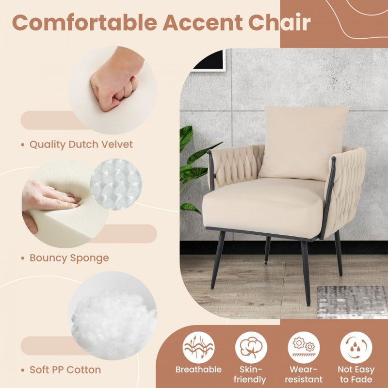 Contemporary Dutch Velvet Accent Chair and Ottoman Set with Woven Back and Armrests