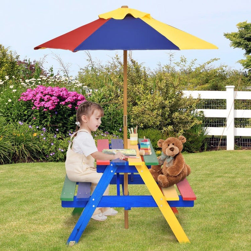 Outdoor Children's Picnic Table Bench Set with Removable Umbrella for Four Seats