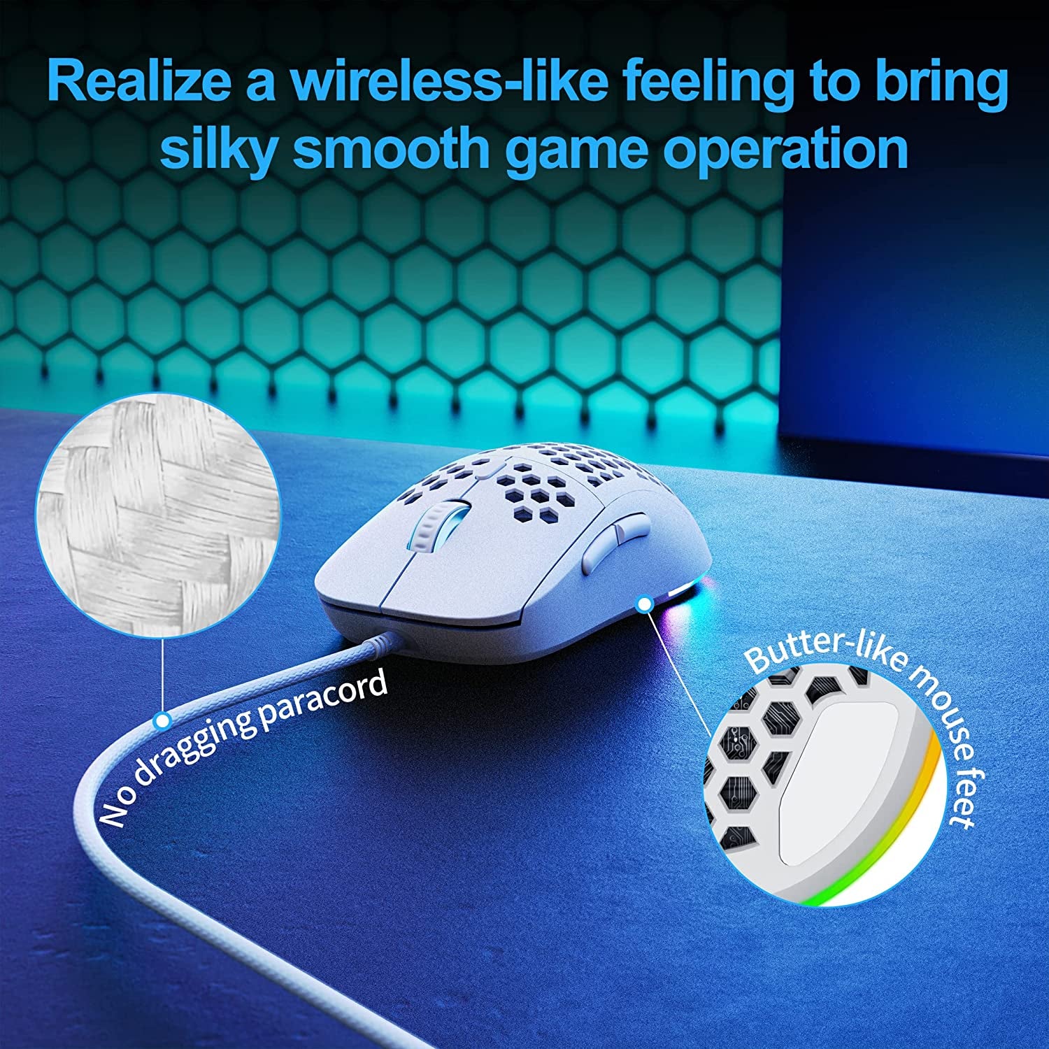 Ultralight Honeycomb Gaming Mouse with High-Precision 12800DPI Optical Sensor, 6 Programmable Buttons, Customizable RGB Lighting, Drag-Free Paracord, Ergonomic Design - Matte White