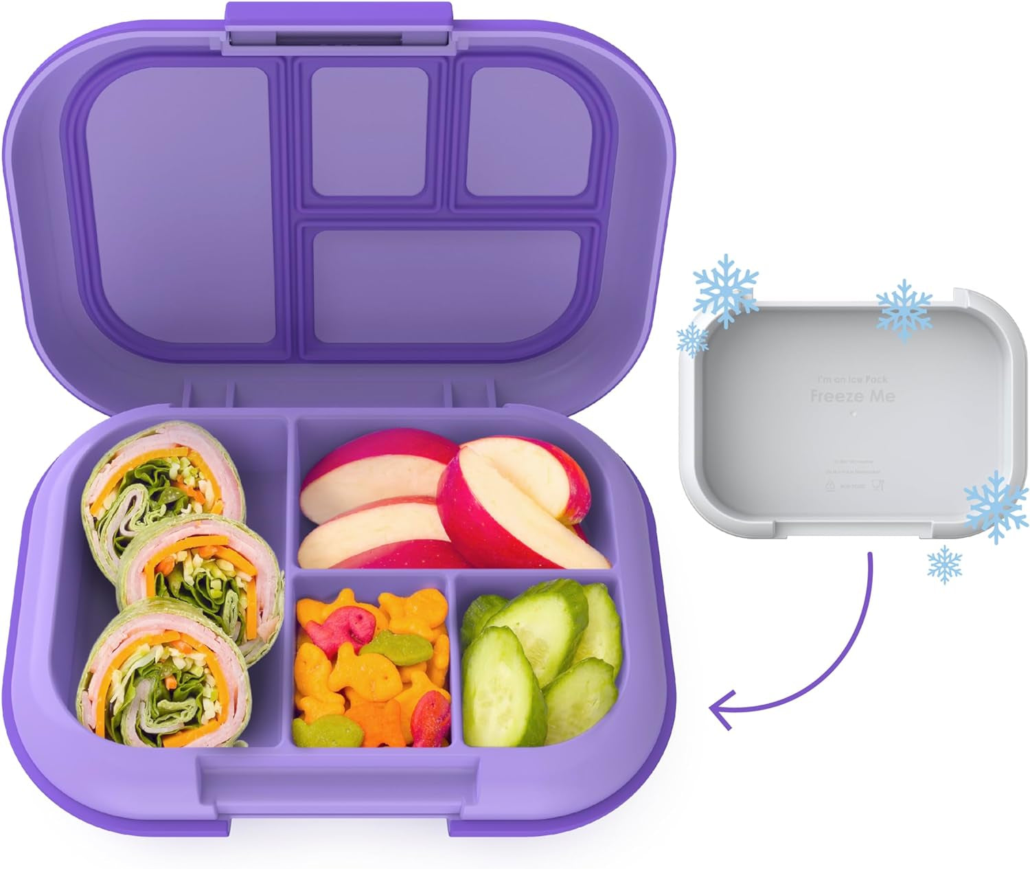 Children's Leak-Proof Lunch Box with Reusable Ice Pack - 4-Compartment Bento Container, Microwave & Dishwasher Safe, 2-Year Warranty (Gray)