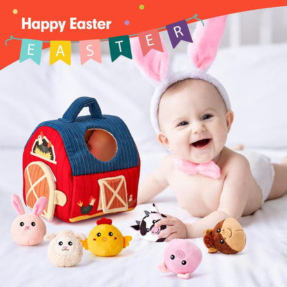Surprise Barn Plush Farm Animal Rattles and Mirror Baby Toys, Sensory Development Toys  6-12 Months - Travel Toys 