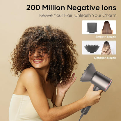 Hair Dryer with 110,000 RPM Brushless Motor, 1500W High-Speed Performance, Magnetic Nozzle & Diffuser - (Gray)