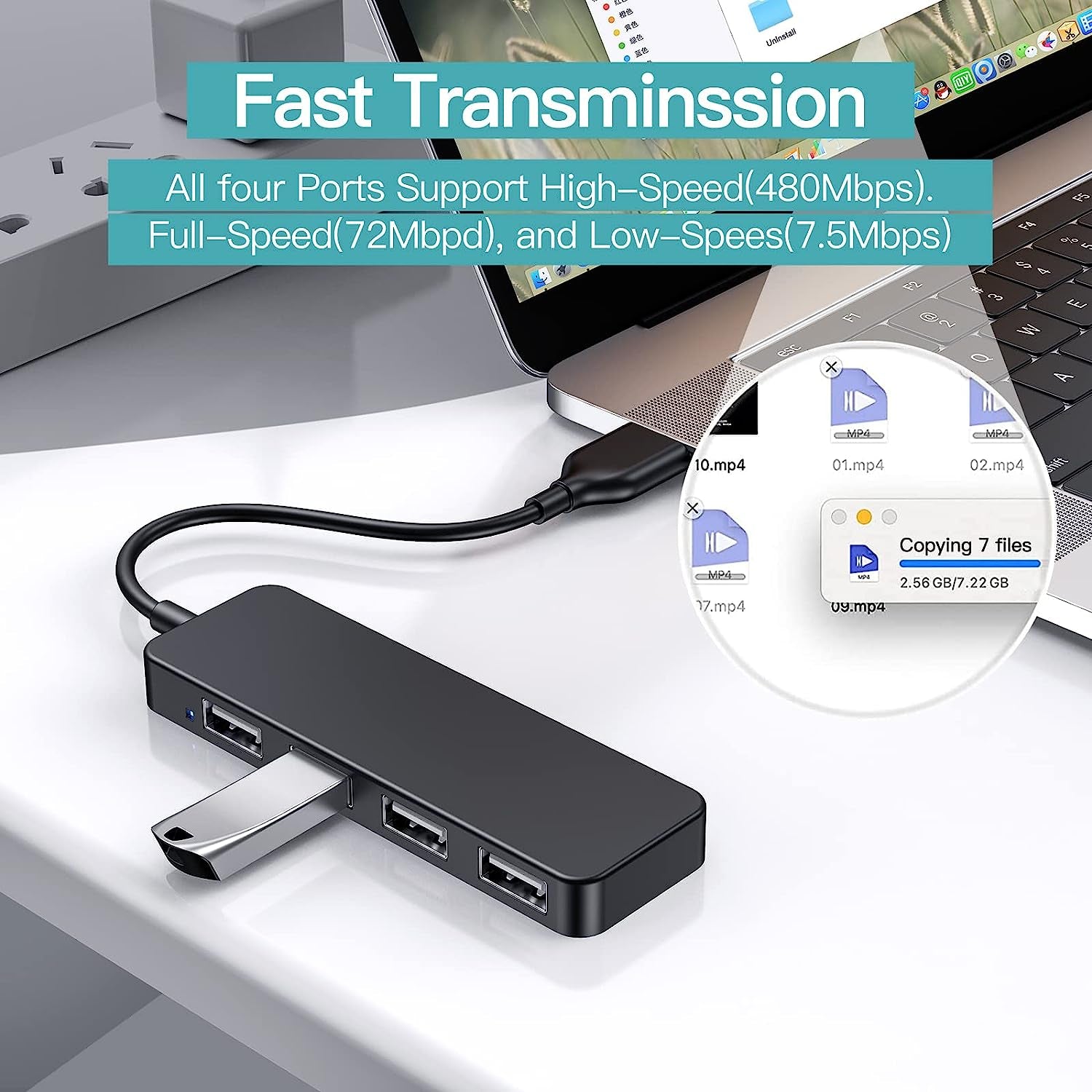 4-Port USB Hub Adapter - Multi USB Port Expander for Laptops, USB Flash Drives, Mobile HDD (30cm)