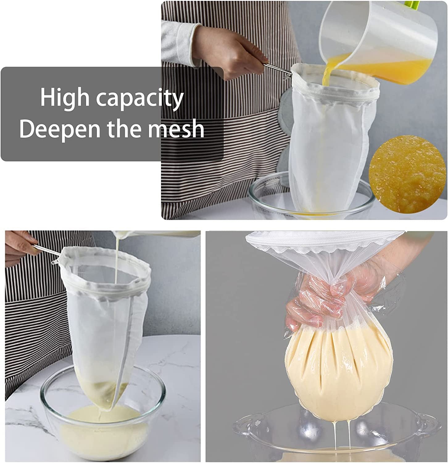 Ultra Fine Mesh Strainer Bags with Stainless Steel Frame Handle - Commercial Grade Reusable Food Filter Bags