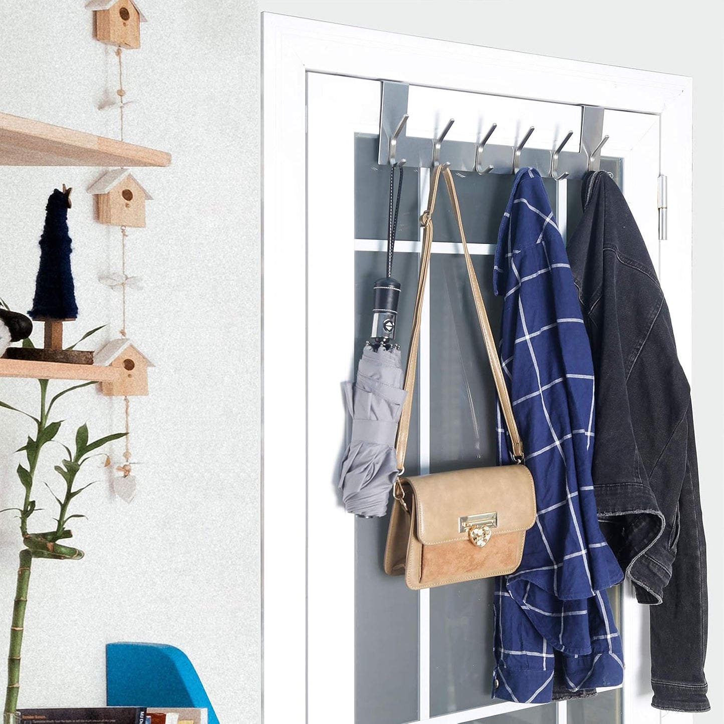 over the Door Hook Door Hanger:Over the Door Towel Rack with 6 Hooks for Hanging Coats,Door Coat Hanger Towel Hanger over Door Coat Rack for Towels,Clothes,Back of Bathroom,Silver