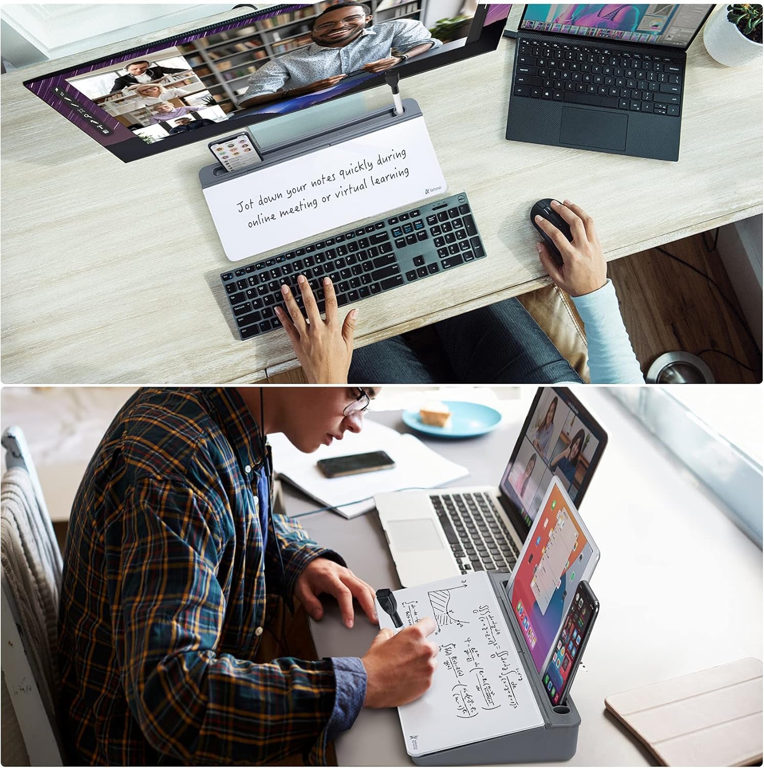Dry Erase Glass Desk Whiteboard with Storage Caddy - Desktop Memo Notepad for Home Office and School (Gray)