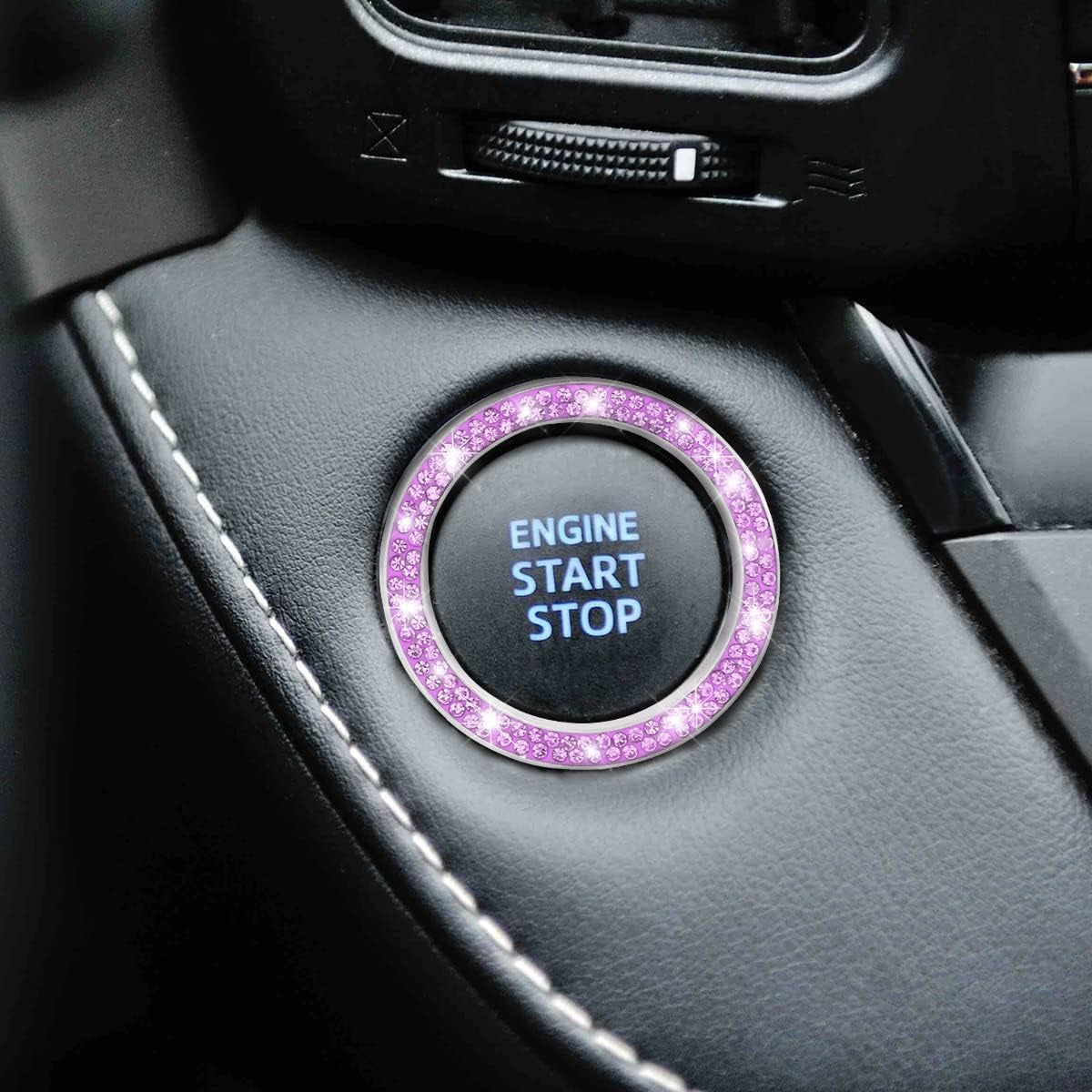 Crystal Rhinestone Engine Start Ring Decals - 2 Pack Push Start Button Covers, Key Ignition Knob Accessories, Sparkling Car Interior Decor for Women (Purple)