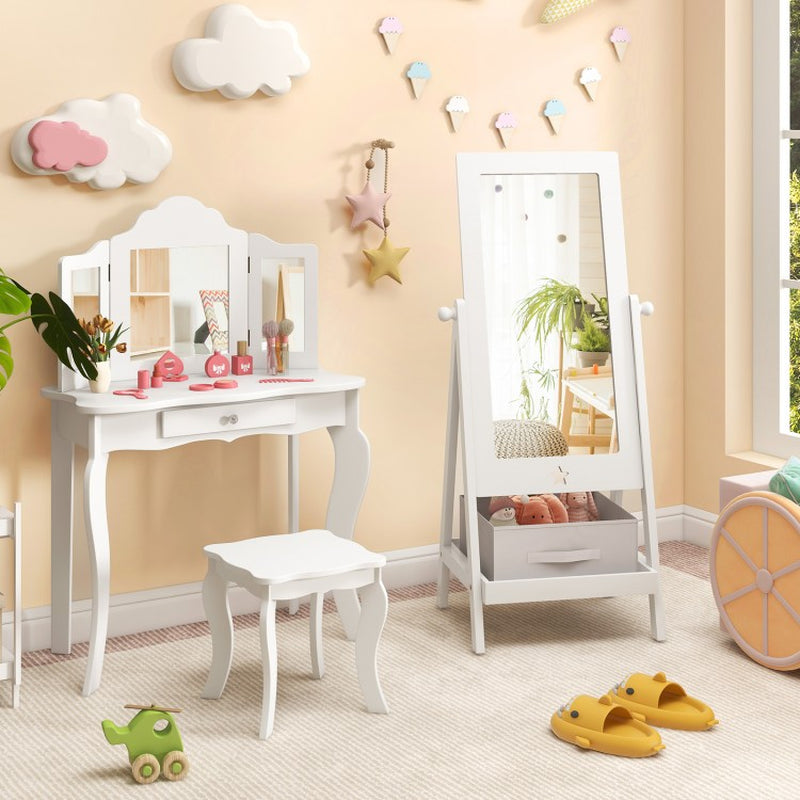 360-Degree Rotatable Full-Length Mirror for Kids with Integrated Storage Bin