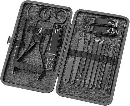 Professional 12-Piece Stainless Steel Manicure and Pedicure Set with Luxurious Travel Leather Case - (Black)