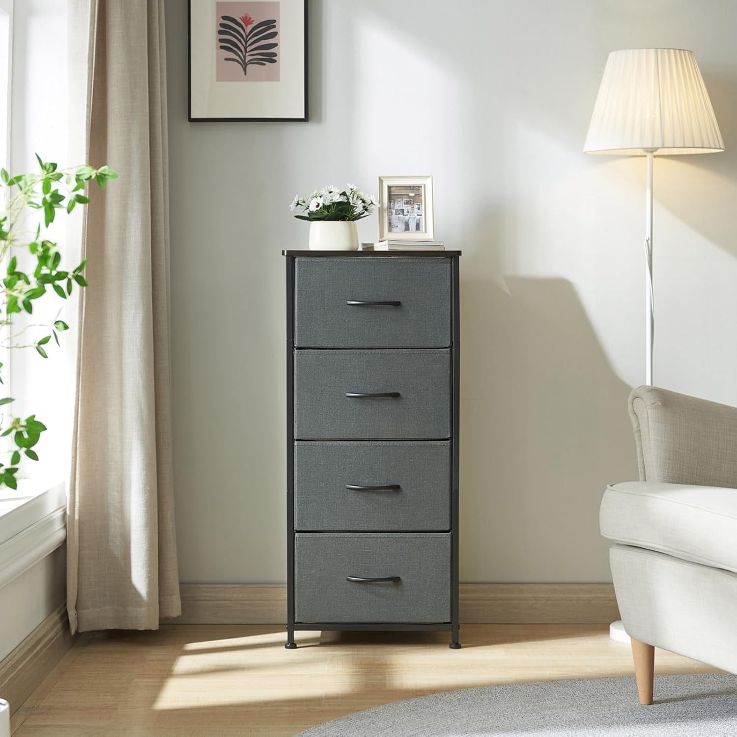 Tall Dresser for Bedroom, 4 Drawer Storage Organizer Chest of Drawers with Removable Fabric Bins for Living Room Closet Bedside Nursery Laundry Entryway Hallway, Charcoal Grey