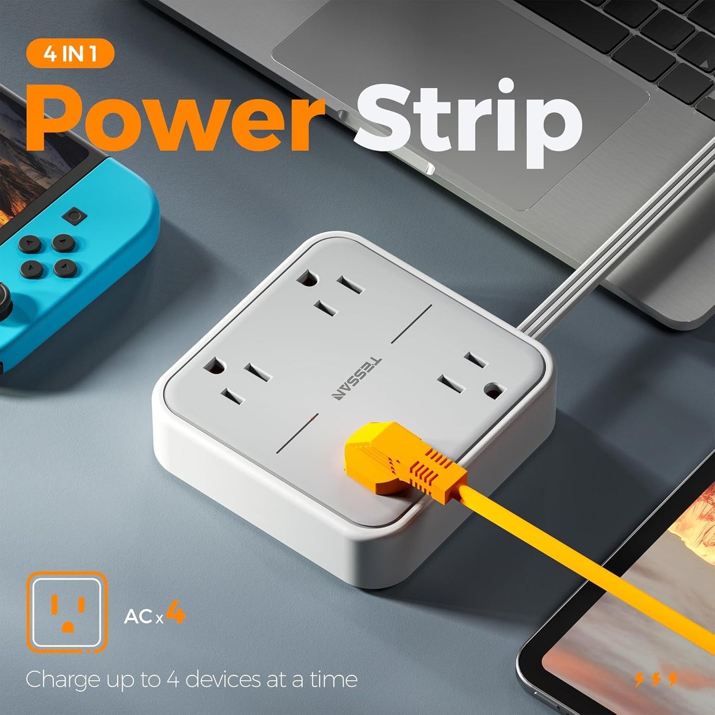 Flat Plug Power Strip with Surge Protection, 5-Foot Extension Cord, 4 Outlets for Home Office and Dorm Room, Gray
