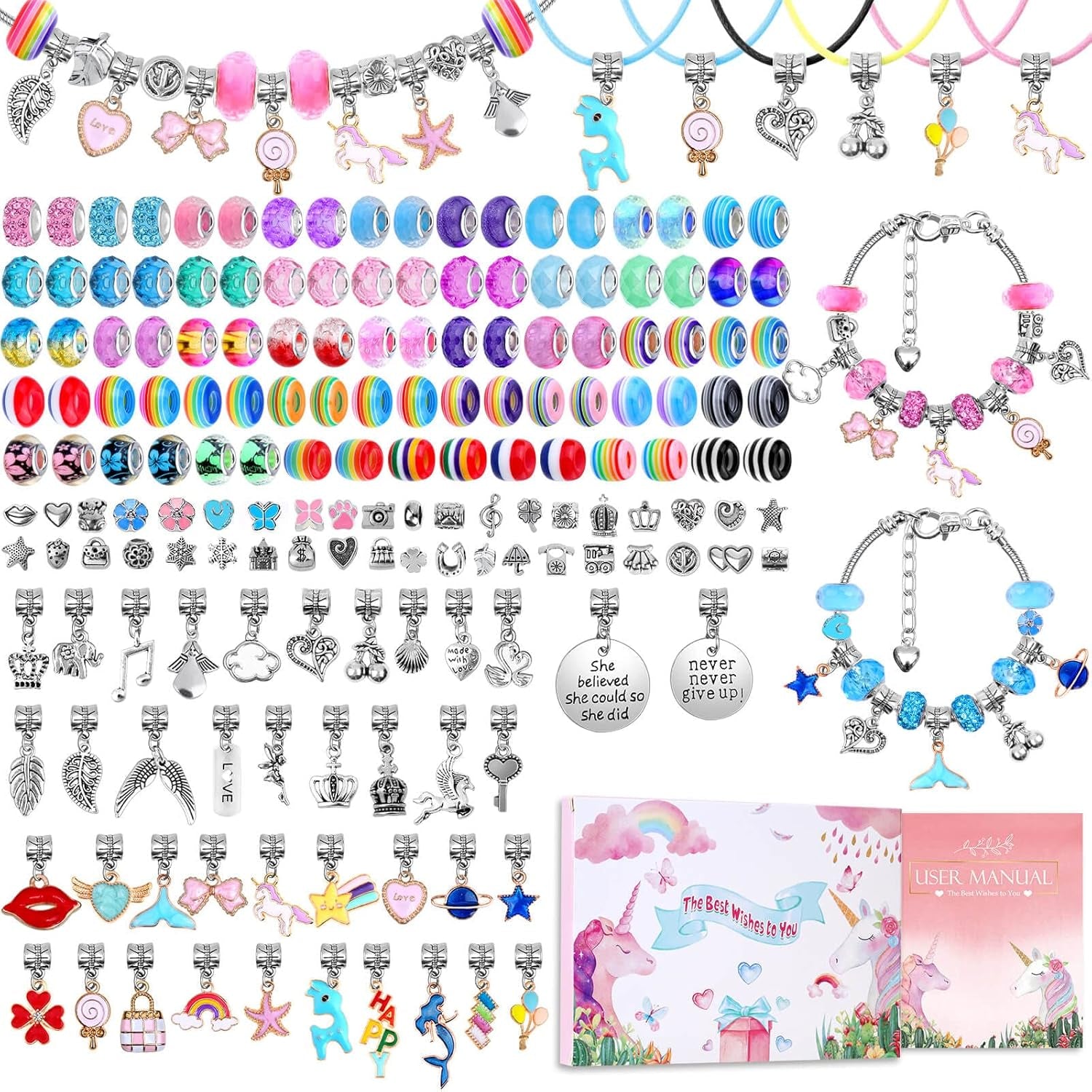 Charm Bracelet Making Kit - Unicorn, Mermaid Themed DIY Jewelry Set with Beads 180Pcs
