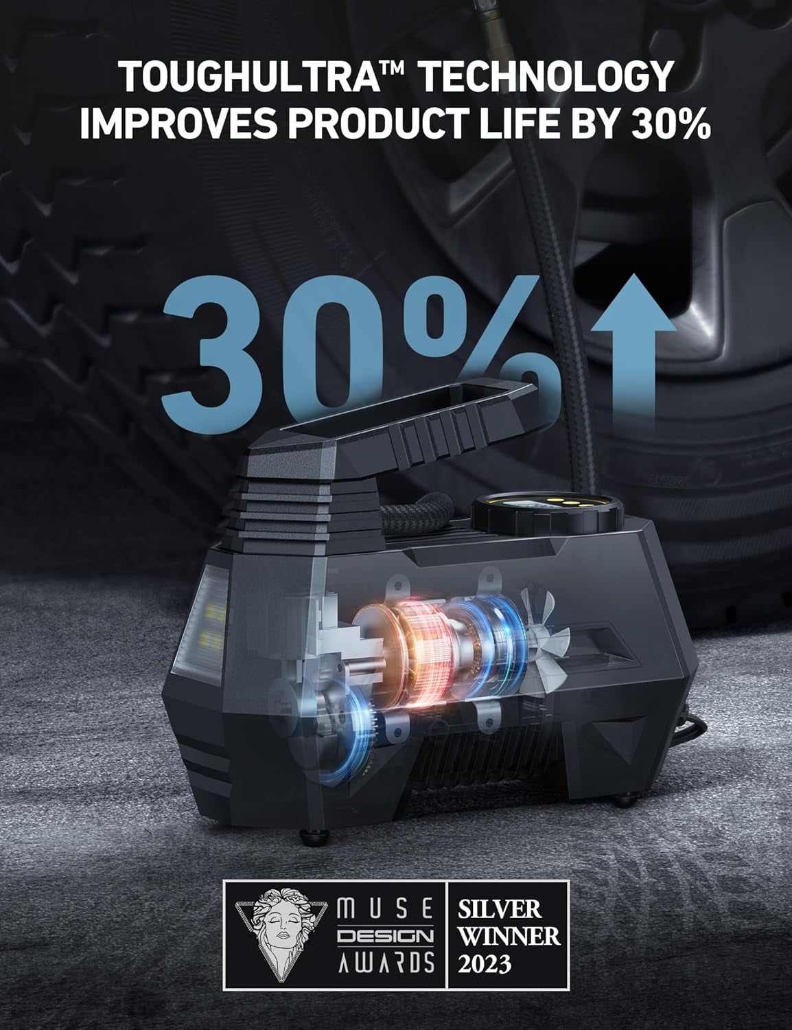 Portable Tire Inflator, Air Compressor - Digital Pressure Gauge, Emergency LED Light - 12V DC Auto Pump for Cars