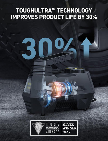 Portable Tire Inflator, Air Compressor - Digital Pressure Gauge, Emergency LED Light - 12V DC Auto Pump for Cars