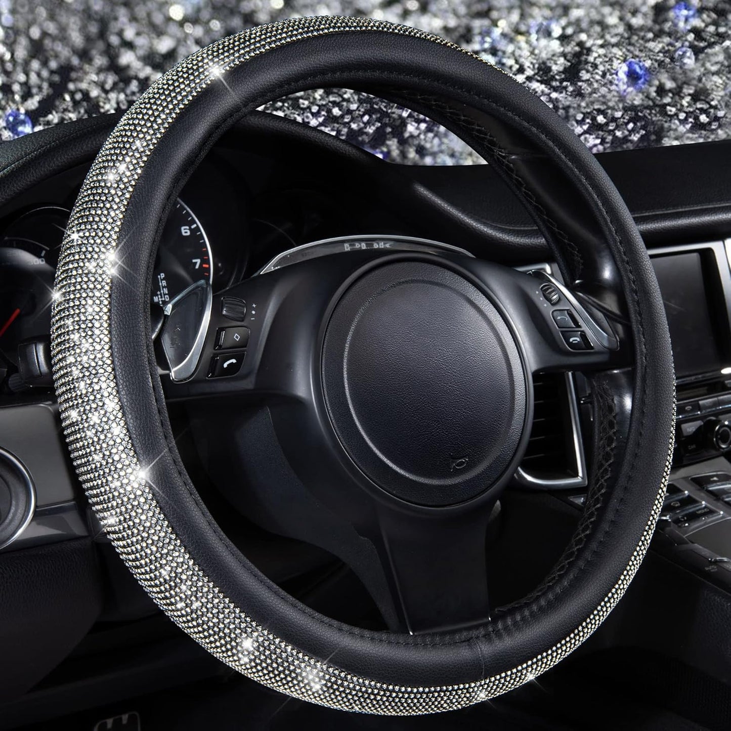 Diamond Pink Leather Steering Wheel Cover - Crystal Rhinestones - Universal Fit 14.5" to 15" - Sparkling Accessory