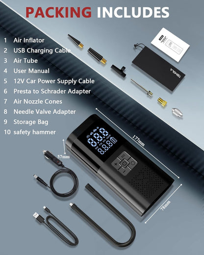 Portable 12V DC Tire Inflator and Air Compressor with Integrated Pressure Gauge - 150PSI Cordless Electric Pump
