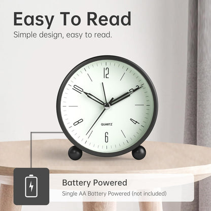 Analog Alarm Clock - 4 Inch Silent Non-Ticking Design with Night Light, Battery Operated, Classic Black Decor for Bedroom, Desk, and Gifting