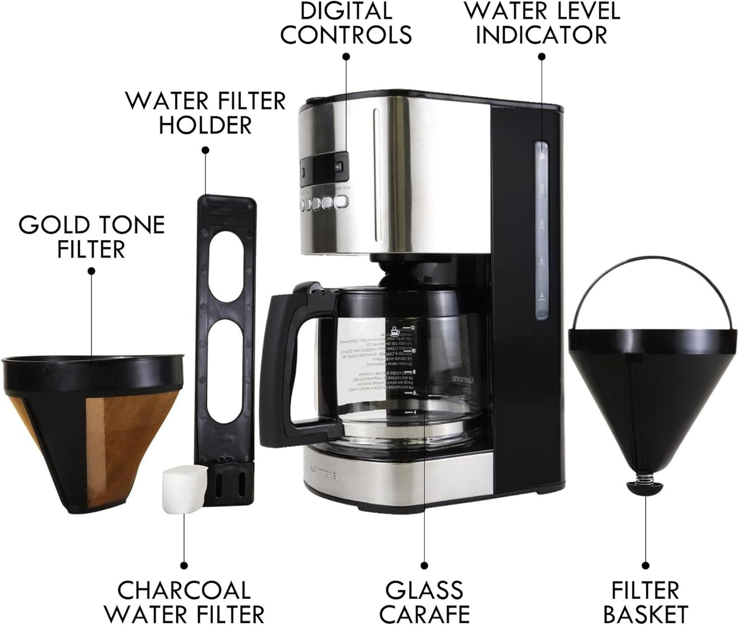 Kenmore Coffee Maker 12 Cup Drip Coffee Machine Reusable Filter Programmable Timer Digital Display Aroma Control Glass Carafe Charcoal Water Filter Regular Bold Stainless Steel and Black