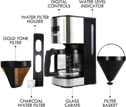 Kenmore Coffee Maker 12 Cup Drip Coffee Machine Reusable Filter Programmable Timer Digital Display Aroma Control Glass Carafe Charcoal Water Filter Regular Bold Stainless Steel and Black