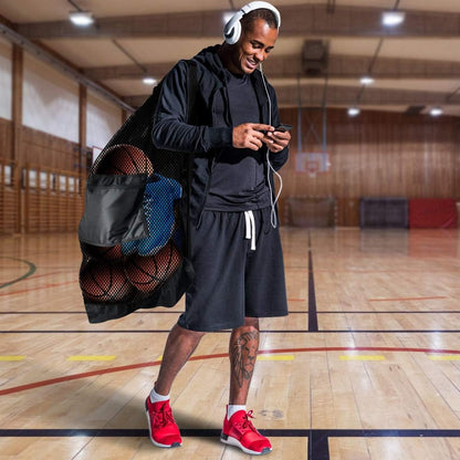 Extra Large Heavy-Duty Mesh Sports Ball Bag with Drawstring and Shoulder Strap for Basketball, Volleyball, Baseball, and Swimming Gear