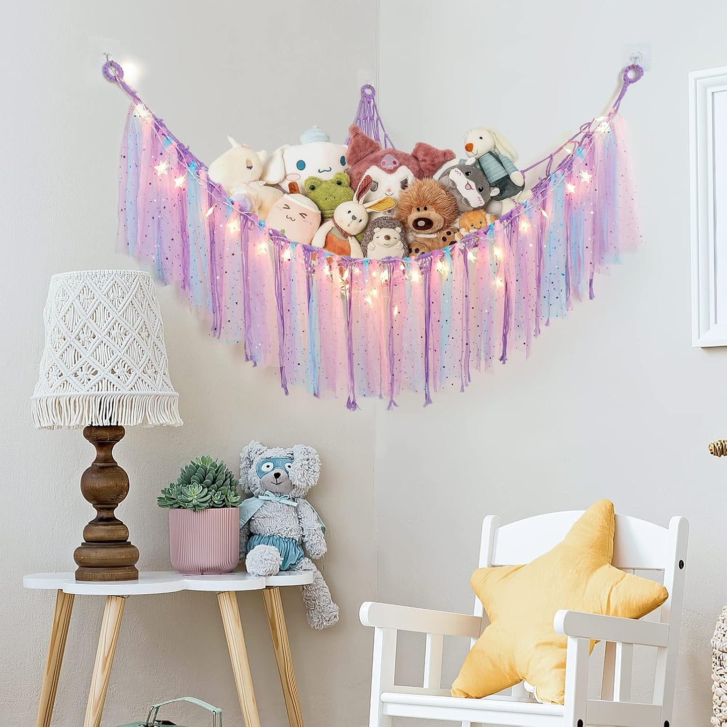 Stuffed Animals Storage - Fairy Lights, Toy Hammock, Hanging Storage Organizer, Holder with Lace Tassels 