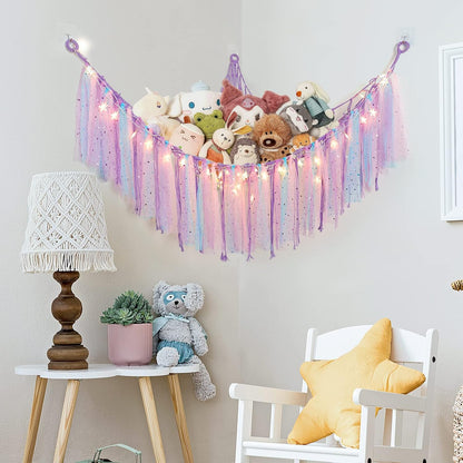 Stuffed Animals Storage - Fairy Lights, Toy Hammock, Hanging Storage Organizer, Holder with Lace Tassels 