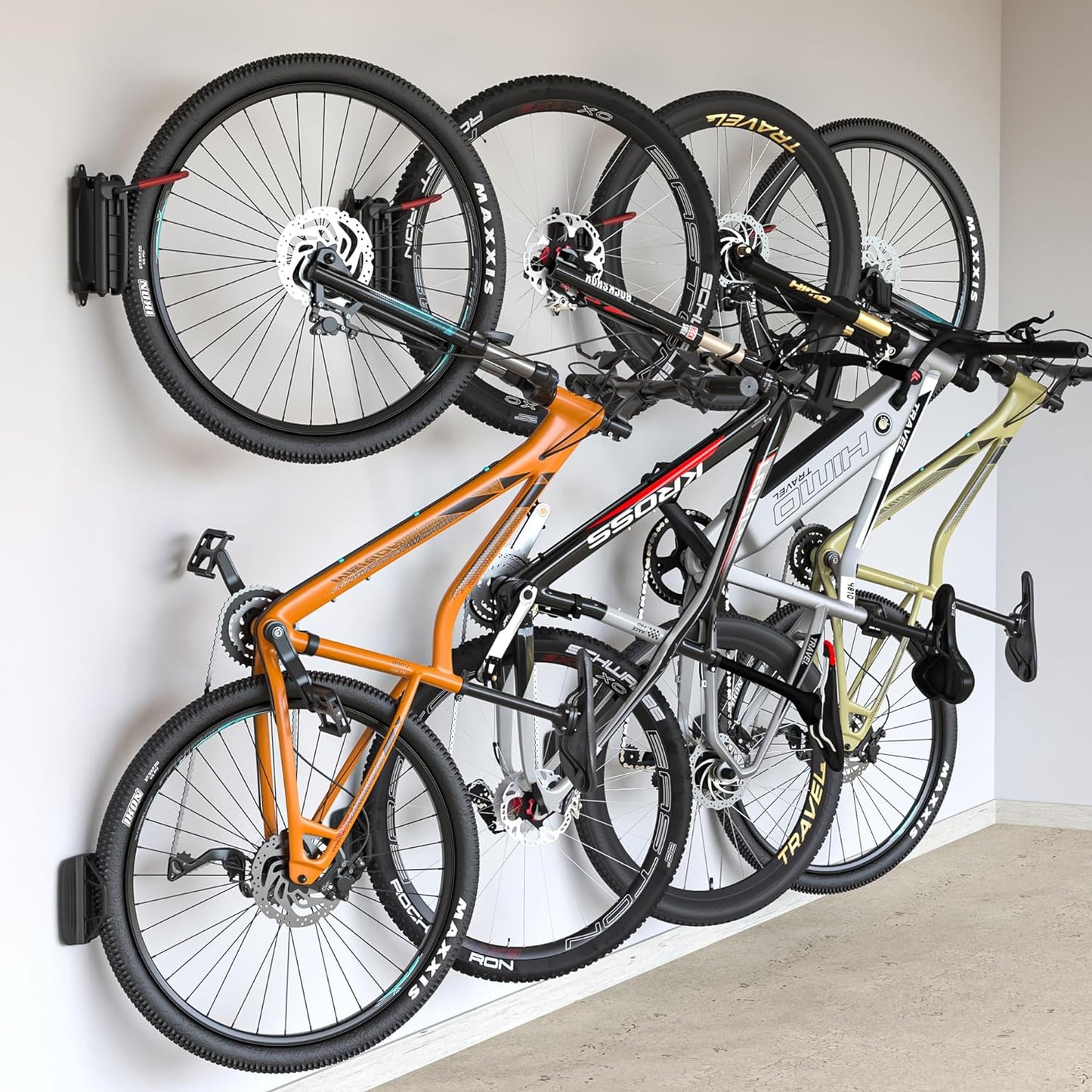 Swivel Bike Wall Mount - Space-Saving Vertical Bike Rack for Garage Storage, Holds Up to 66 lbs, 4-Pack, Red