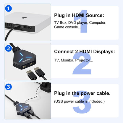 HDMI Splitter 1x2 for Dual Monitor Duplication, Supports Full HD 4K@30Hz and 1080P, Compatible with Xbox, PS4, PS5, TV, Projector, and Computer