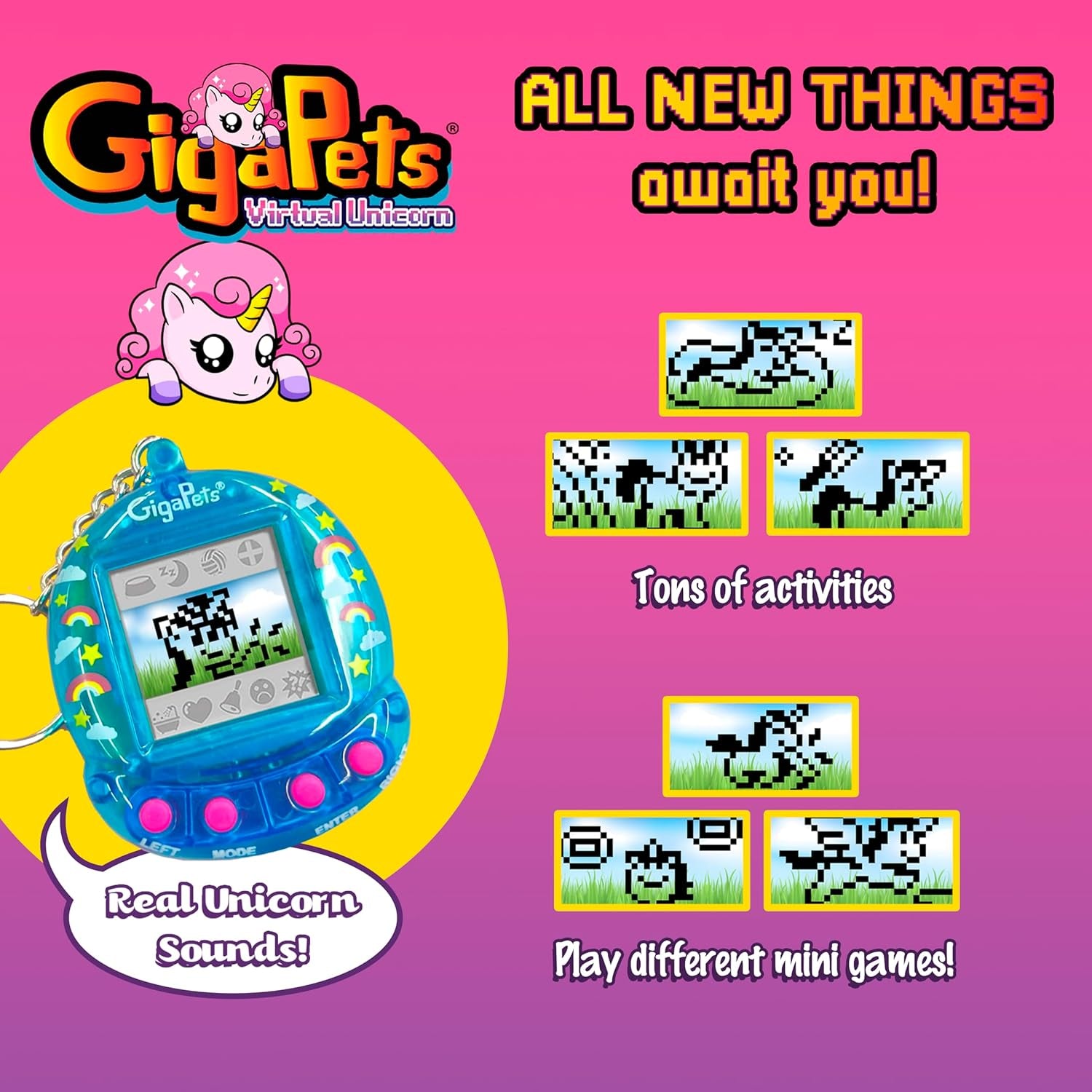 Giga Pets Unicorn Virtual Pet Toy, Collector's Edition-Glossy Housing Shell, Nostalgic 90s Design, 3D Interactive Motion 