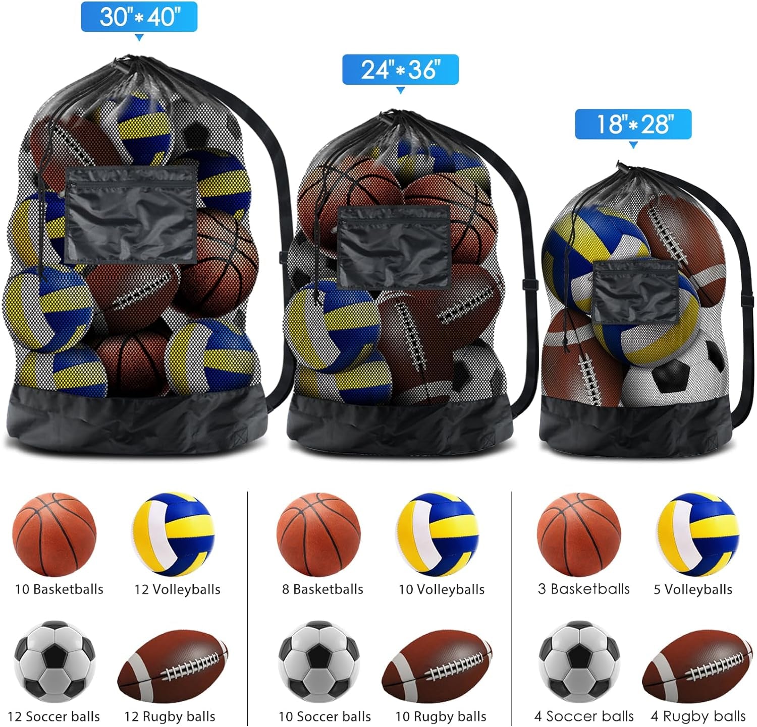 Extra Large Heavy-Duty Mesh Sports Ball Bag with Drawstring and Shoulder Strap for Basketball, Volleyball, Baseball, and Swimming Gear