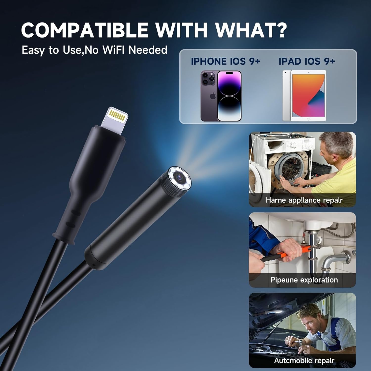 Endoscope Camera 1920P HD Resolution, 8 Adjustable LED Lights, IP67 Waterproof Rating, 16.5FT Semi-Rigid Snake Cord for iPhone and iPad (Dual Lens iOS Compatible)