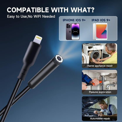 Endoscope Camera 1920P HD Resolution, 8 Adjustable LED Lights, IP67 Waterproof Rating, 16.5FT Semi-Rigid Snake Cord for iPhone and iPad (Dual Lens iOS Compatible)