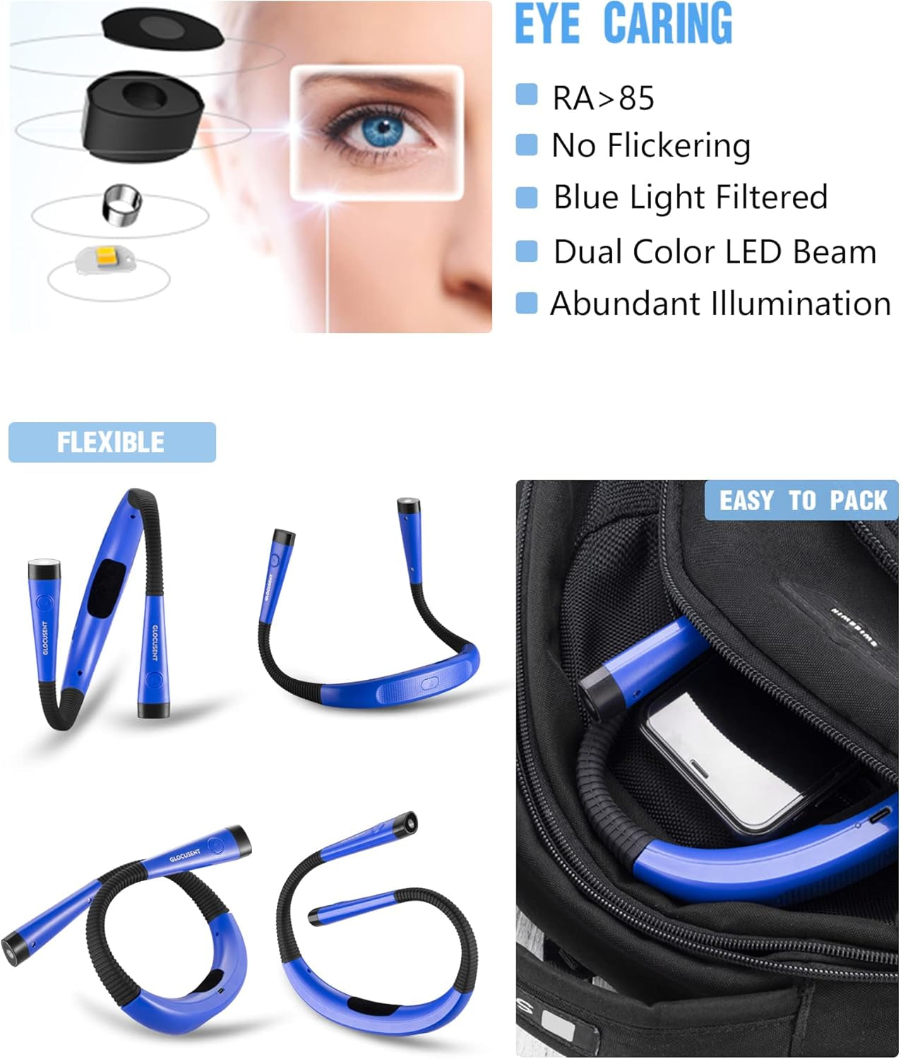 Rechargeable Book Light with 3 Color Temperatures and Flexible Neck - 80 Hours of Use for Reading, Knitting, Camping, and Repairing - Ideal Gift for Avid Readers