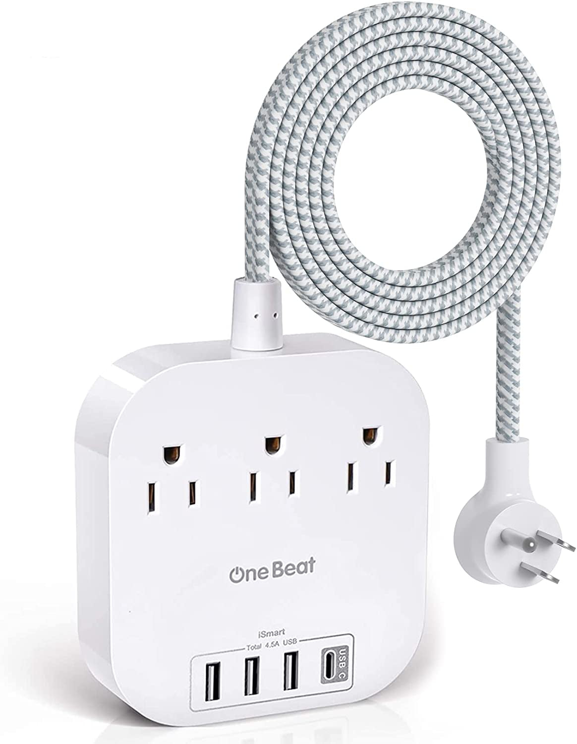 Power Bar Power Strip with USB-C, 3 Outlets and 4 USB Ports, Flat Plug Braided Extension Cord, Non-Surge Protector for Travel and Cruise Ships (5FT)