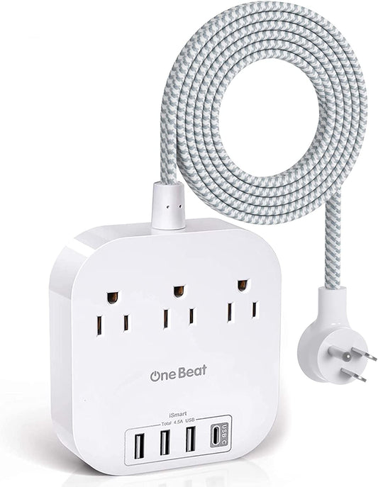 Power Bar Power Strip with USB-C, 3 Outlets and 4 USB Ports, Flat Plug Braided Extension Cord, Non-Surge Protector for Travel and Cruise Ships (5FT)