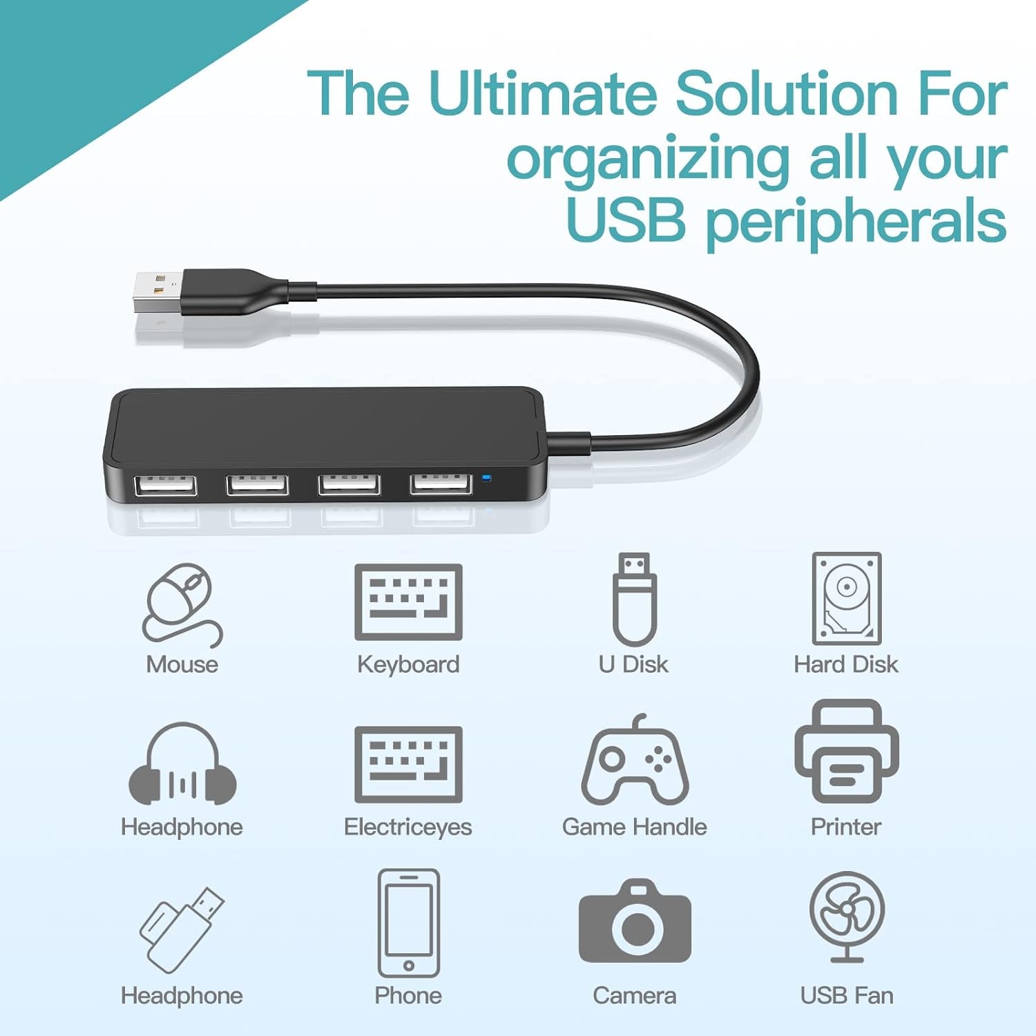 4-Port USB Hub Adapter - Multi USB Port Expander for Laptops, USB Flash Drives, Mobile HDD (30cm)