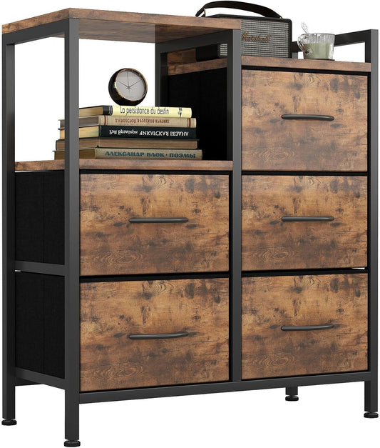 Fabric Dresser for Bedroom, 5 Drawer 3-Tire Dresser, Storage Tower with Fabric Bins, Storage Cabinet for Entryway, Living Room & Closets (Rustic Brown)