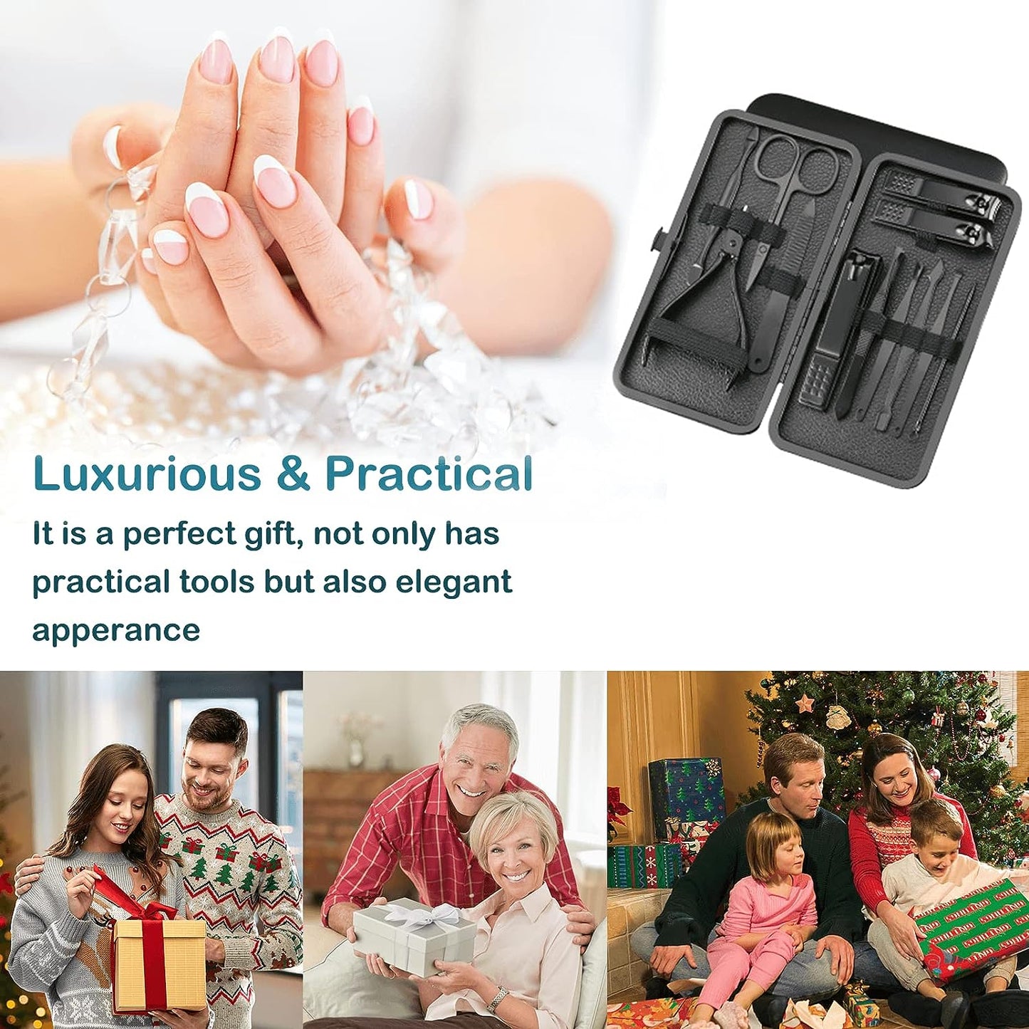 Professional 12-Piece Stainless Steel Manicure and Pedicure Set with Luxurious Travel Leather Case - (Black)